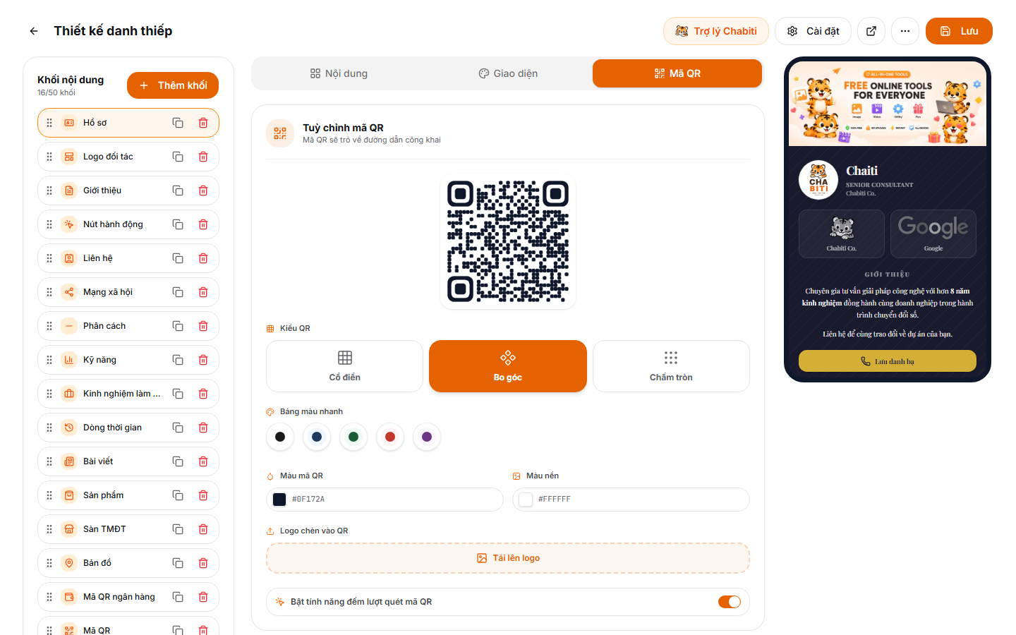 Tab Mã QR trong trình thiết kế: đổi màu, kiểu dáng, nhúng logo
