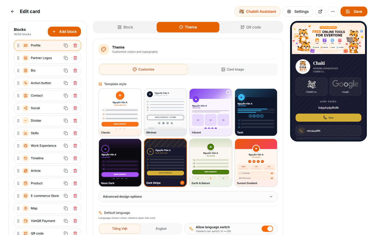 The Theme tab in the card builder