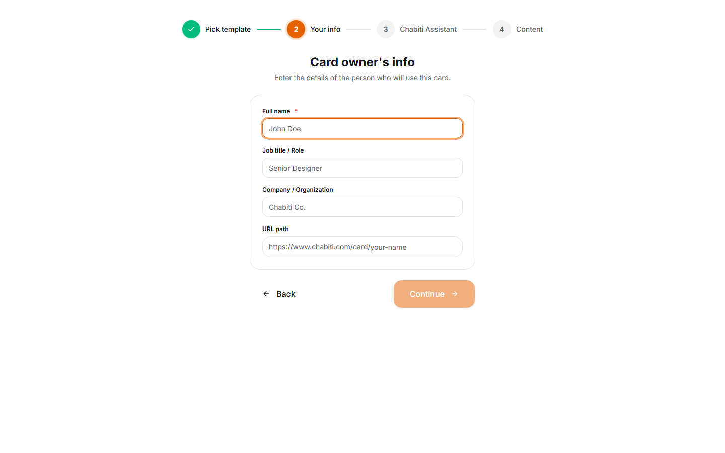 The info step of the quick-start card wizard
